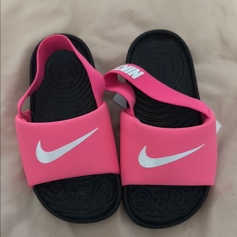 Nike Pink and Black Slides with White Logo